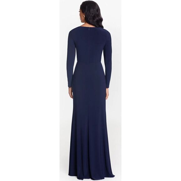 Betsy & Adam "ELLE" LONG SLEEVE SIDE RUFFLED SLIT GOWN in Navy NWOT Size 6 - Picture 2 of 7
